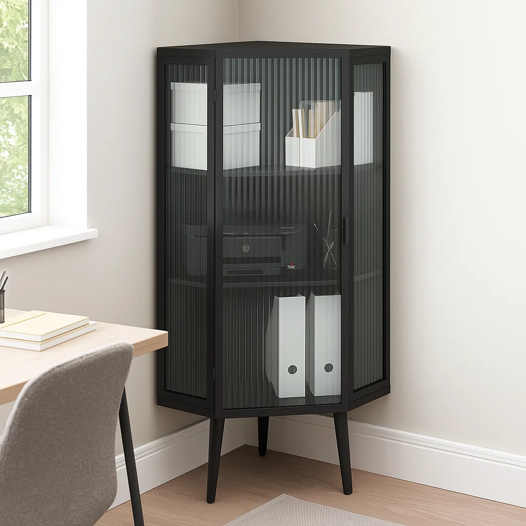 Black corner cabinet with files, printer, and office boxes
