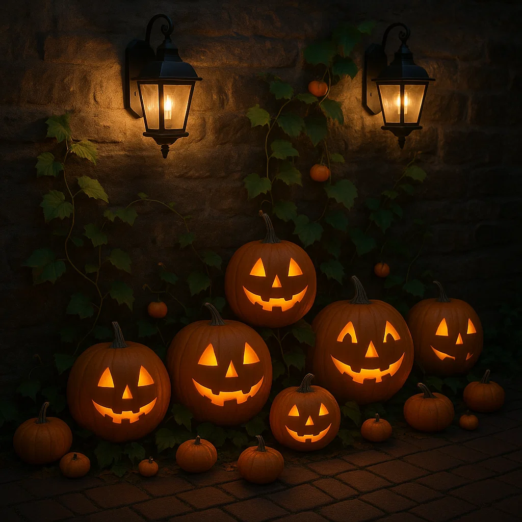 Group of carved jack-o’-lanterns glowing under lantern light