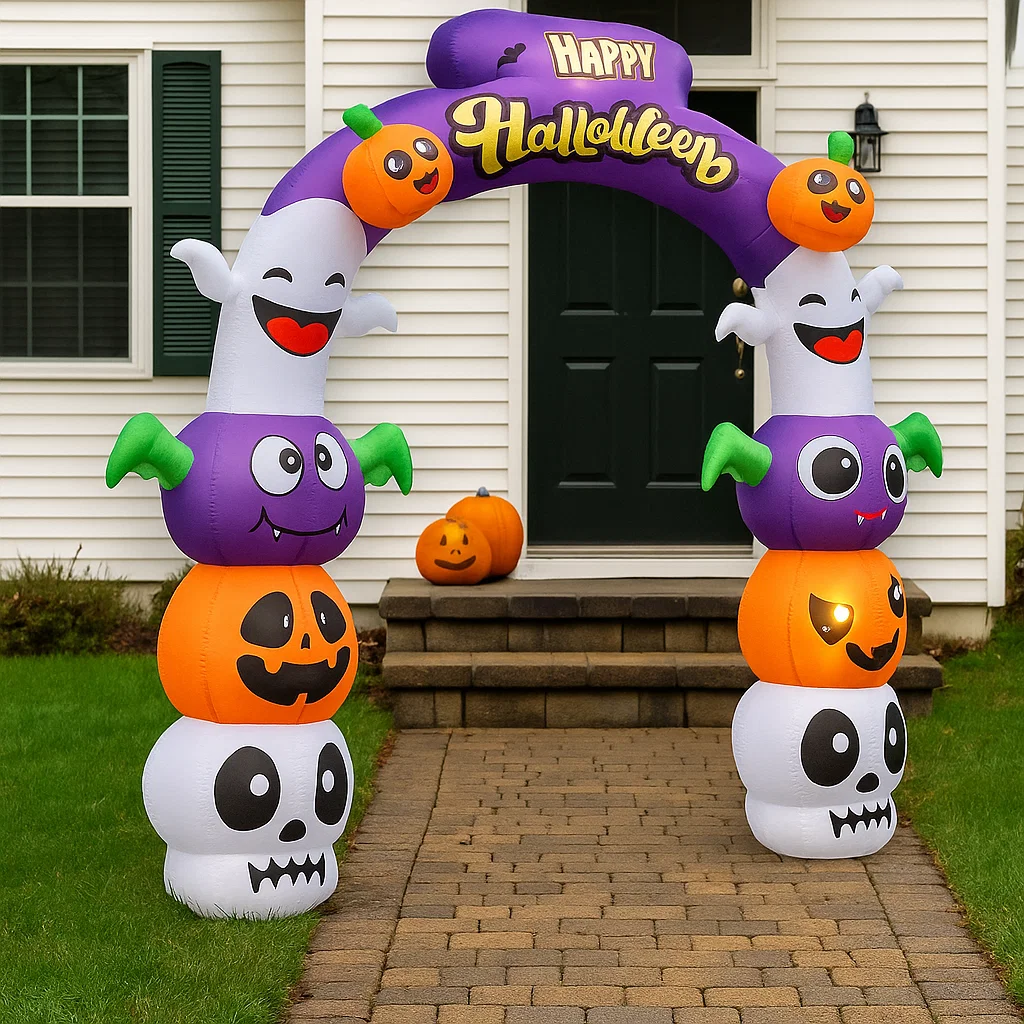 Inflatable Halloween archway with pumpkins, bats, and ghosts outside house.