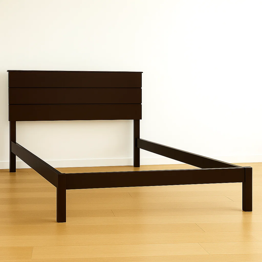 Dark brown wooden bed frame without mattress on hardwood floor.