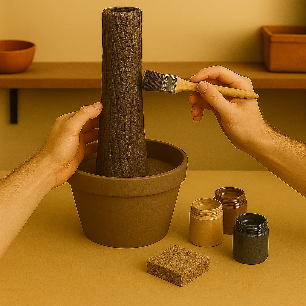 Hand painting tree trunk with brown paintbrush strokes.