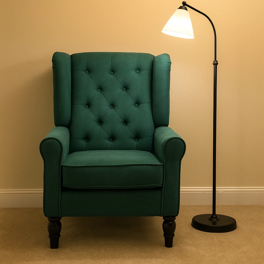 Green tufted armchair next to floor lamp in warm room