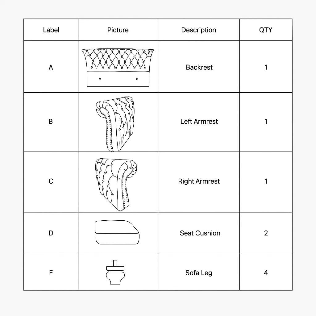 Sofa parts diagram with labeled backrest, armrests, cushions, legs.
