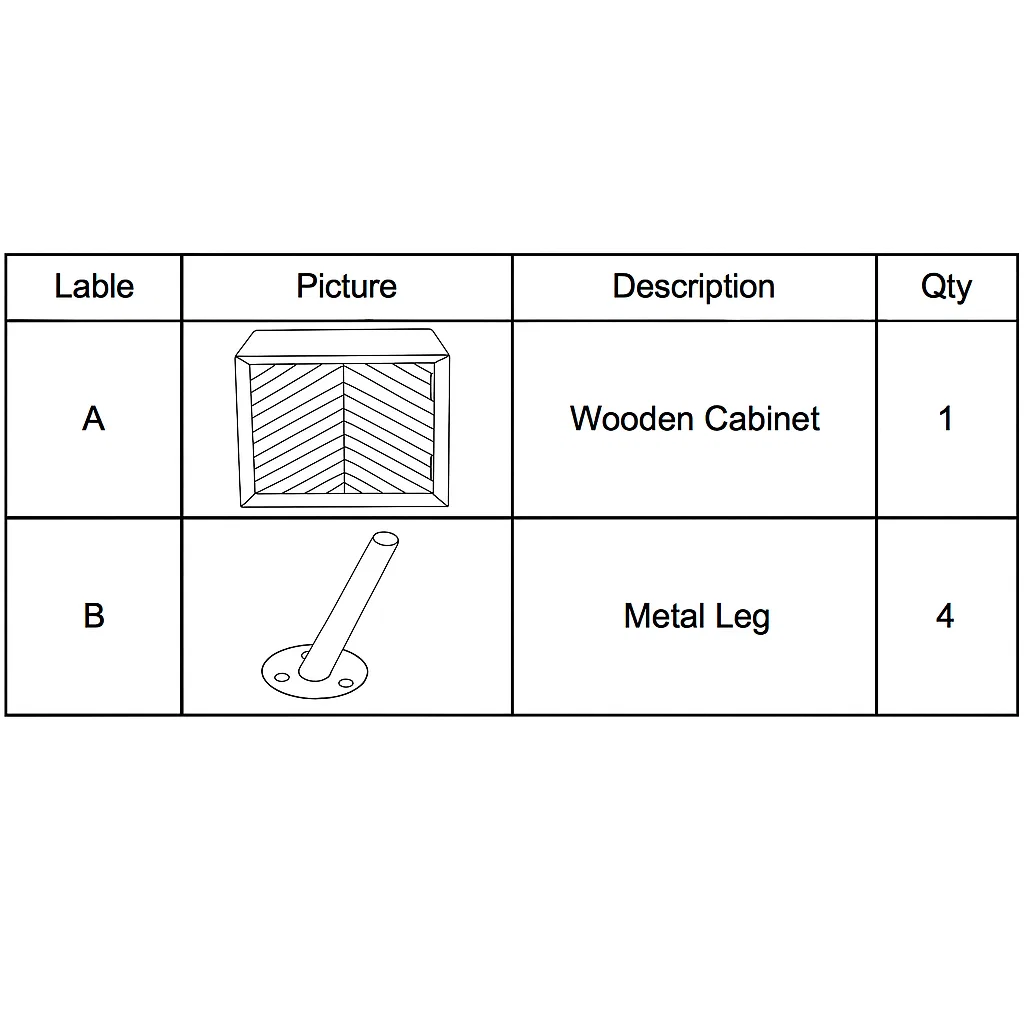 Parts list showing wooden cabinet and four metal legs.