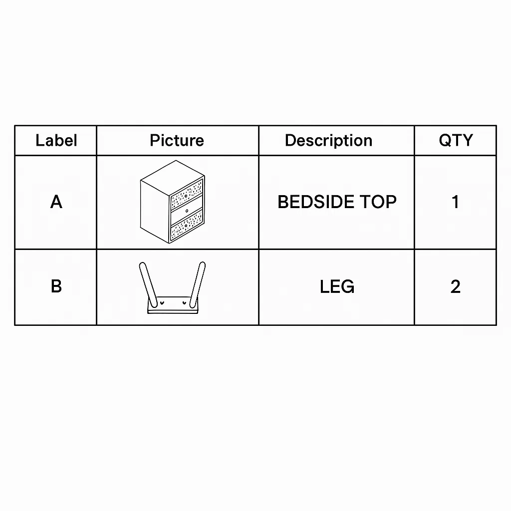 Illustrated parts list showing bedside table components labeled for assembly.