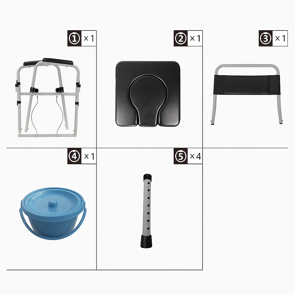 Commode chair parts including frame, seat, backrest, bucket, and leg tubes.