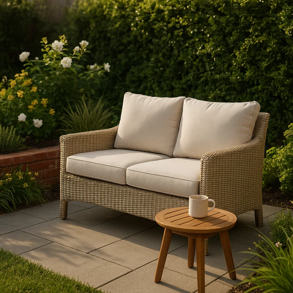 Outdoor wicker loveseat with beige cushions in garden
