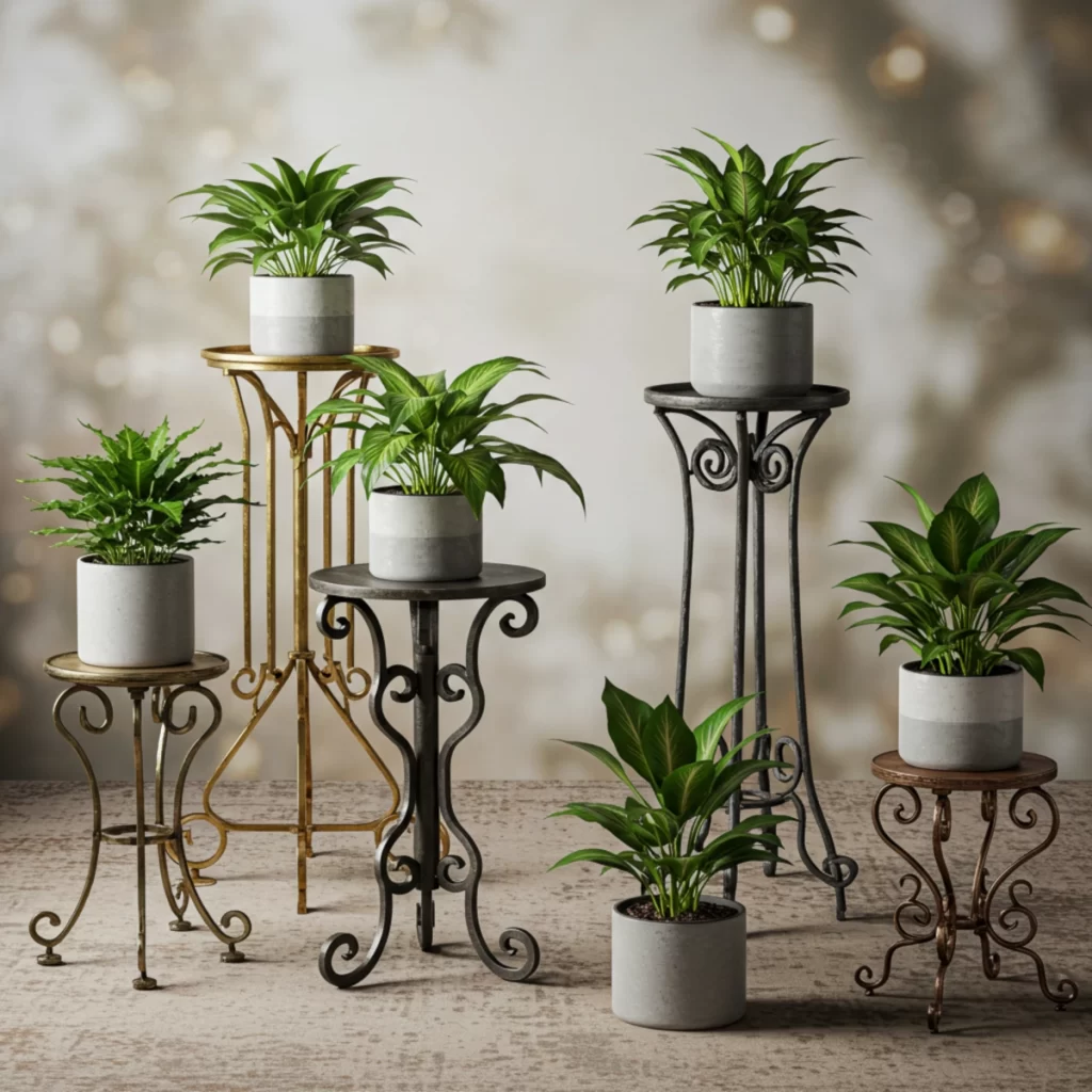 Decorative pedestal metal plant stands with gray pots