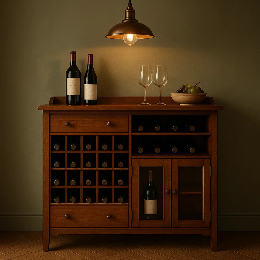 Wine cabinet with pendant light, wine glasses, and grapes.