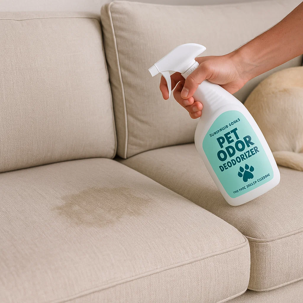 Hand spraying pet odor deodorizer on stained sofa cushion
