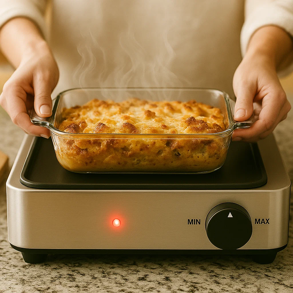 Hands placing steaming casserole dish onto warming tray