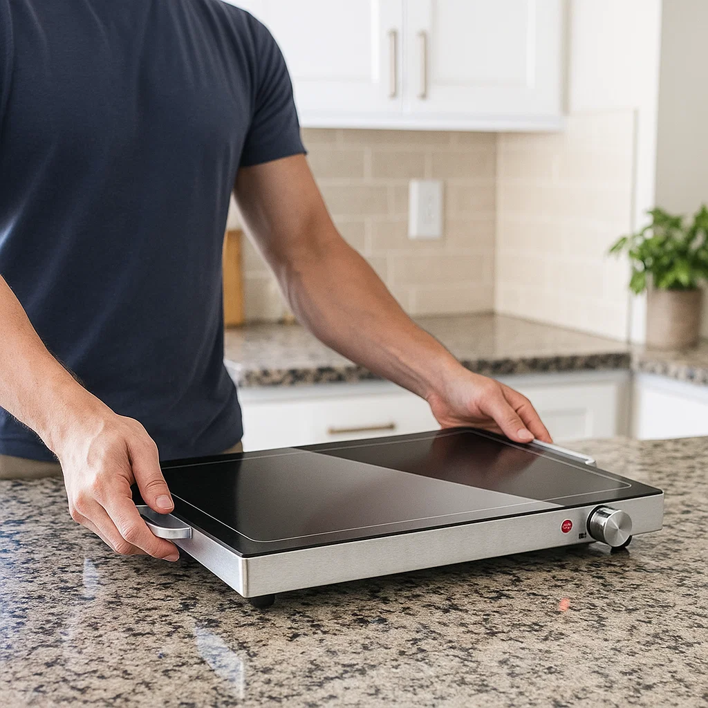 Person positioning warming tray on kitchen counter