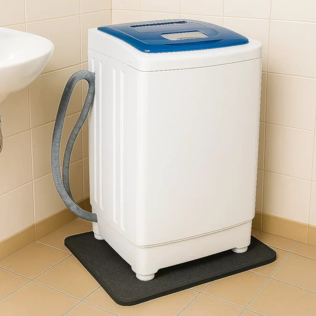 Portable washing machine placed on black anti-vibration mat in bathroom