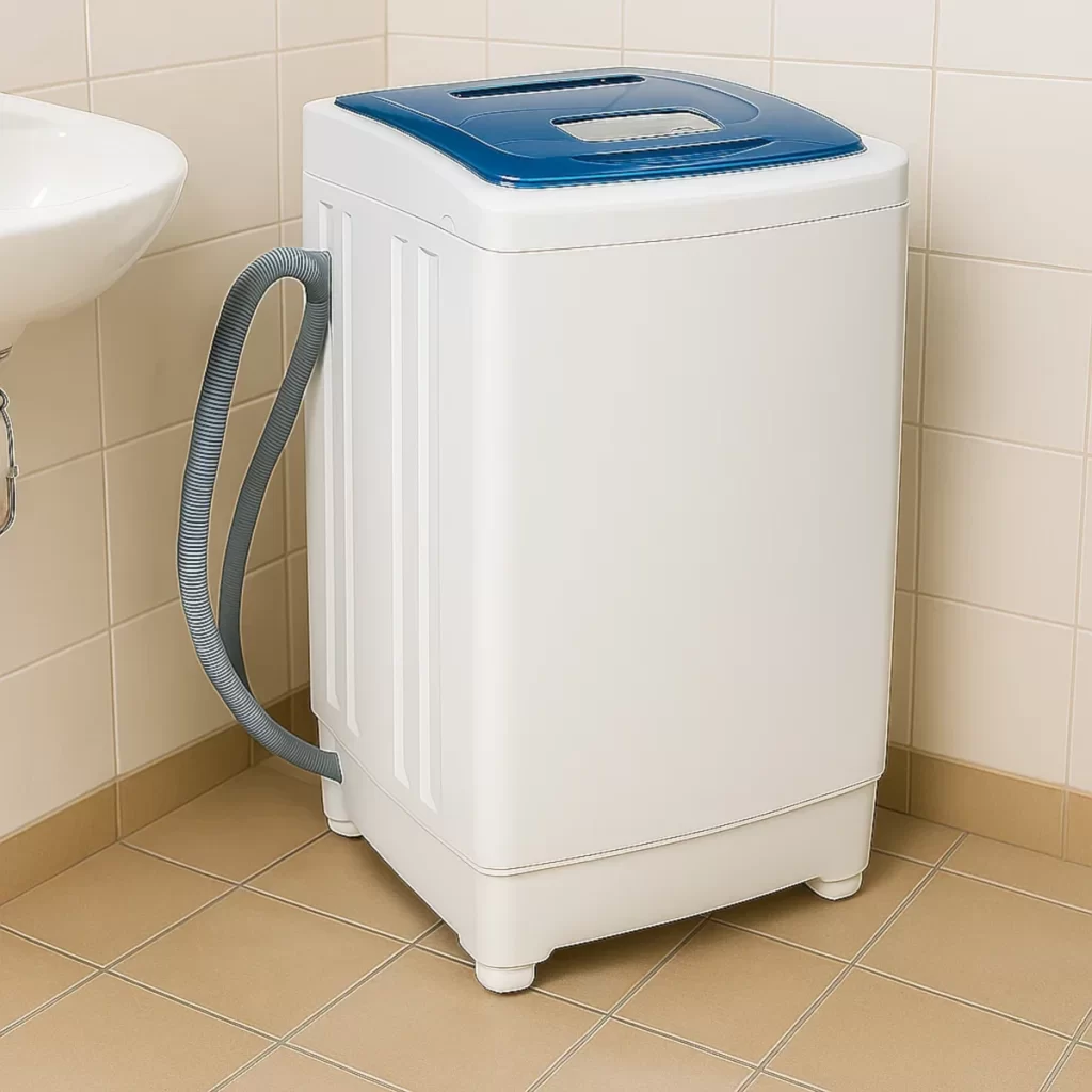 Compact portable washing machine placed near a sink with drain hose attached for use.