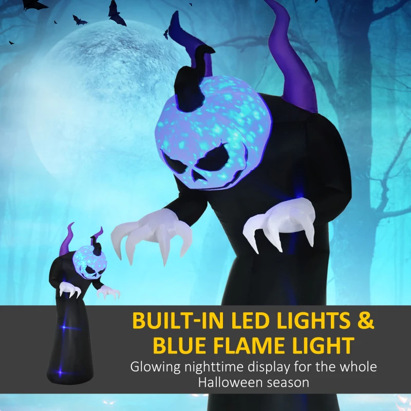 Inflatable pumpkin reaper glowing with blue flame light display.