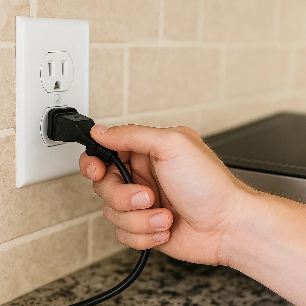 Hand plugging warming tray cord into wall outlet