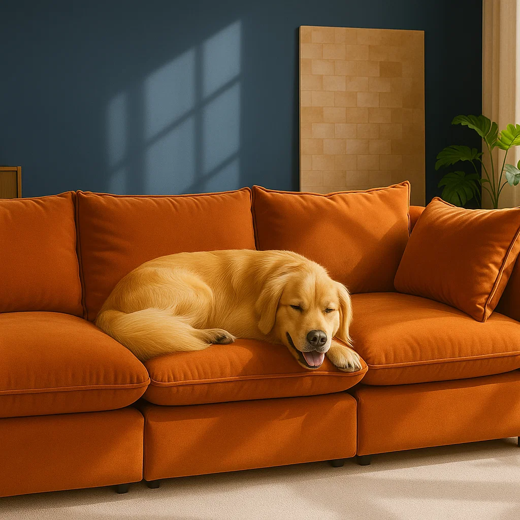 Golden retriever sleeping on bright orange sofa in cozy room.