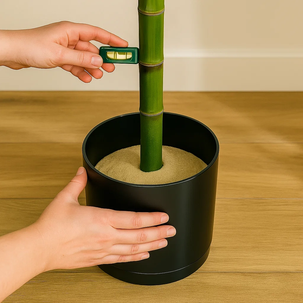 Level tool checking vertical alignment of bamboo trunk in sand-filled black planter.
