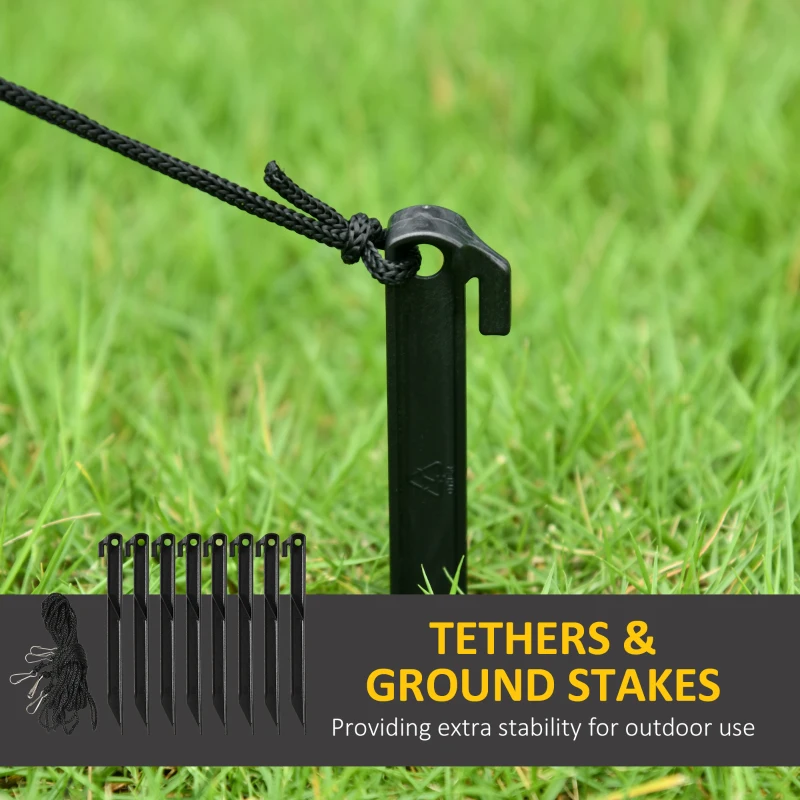 Black ground stake securing tether on grass.
