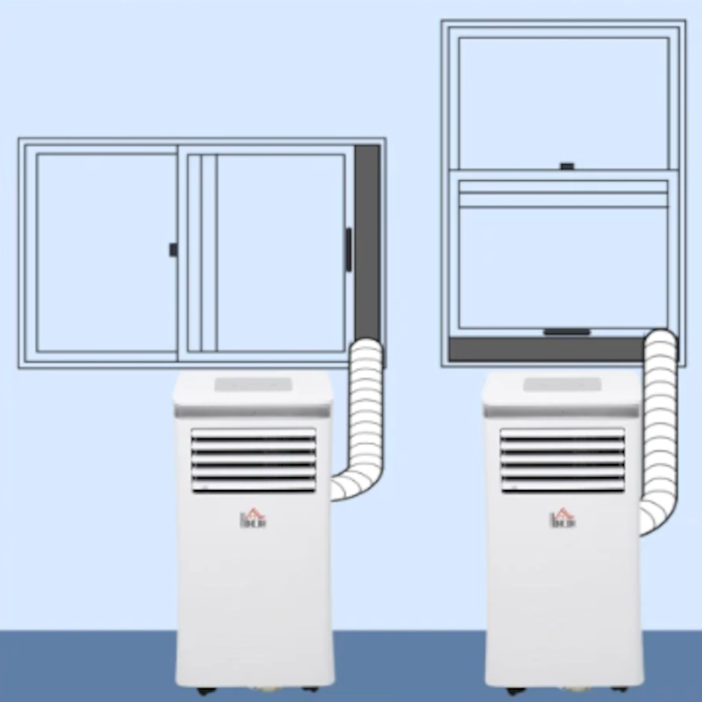 Air conditioner positioned near sliding and vertical windows with hose