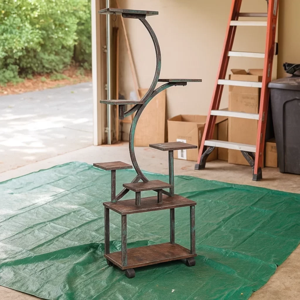Empty metal plant stand placed on green tarp in garage.