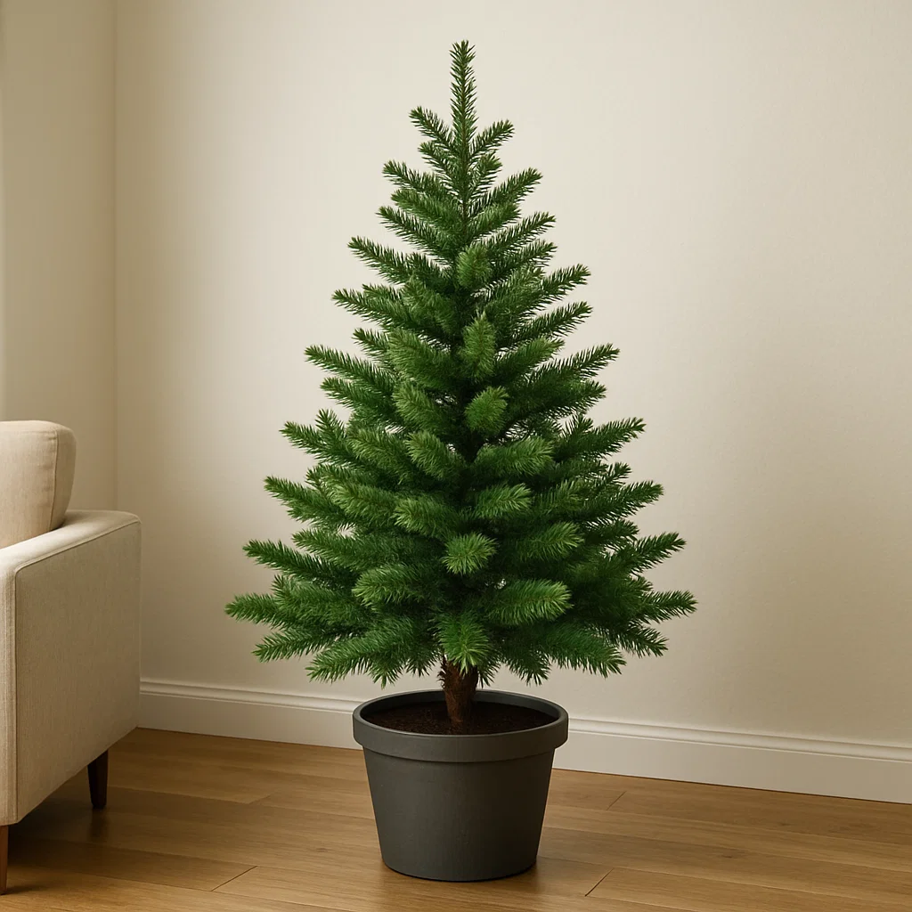 Undecorated faux Christmas tree placed in living room