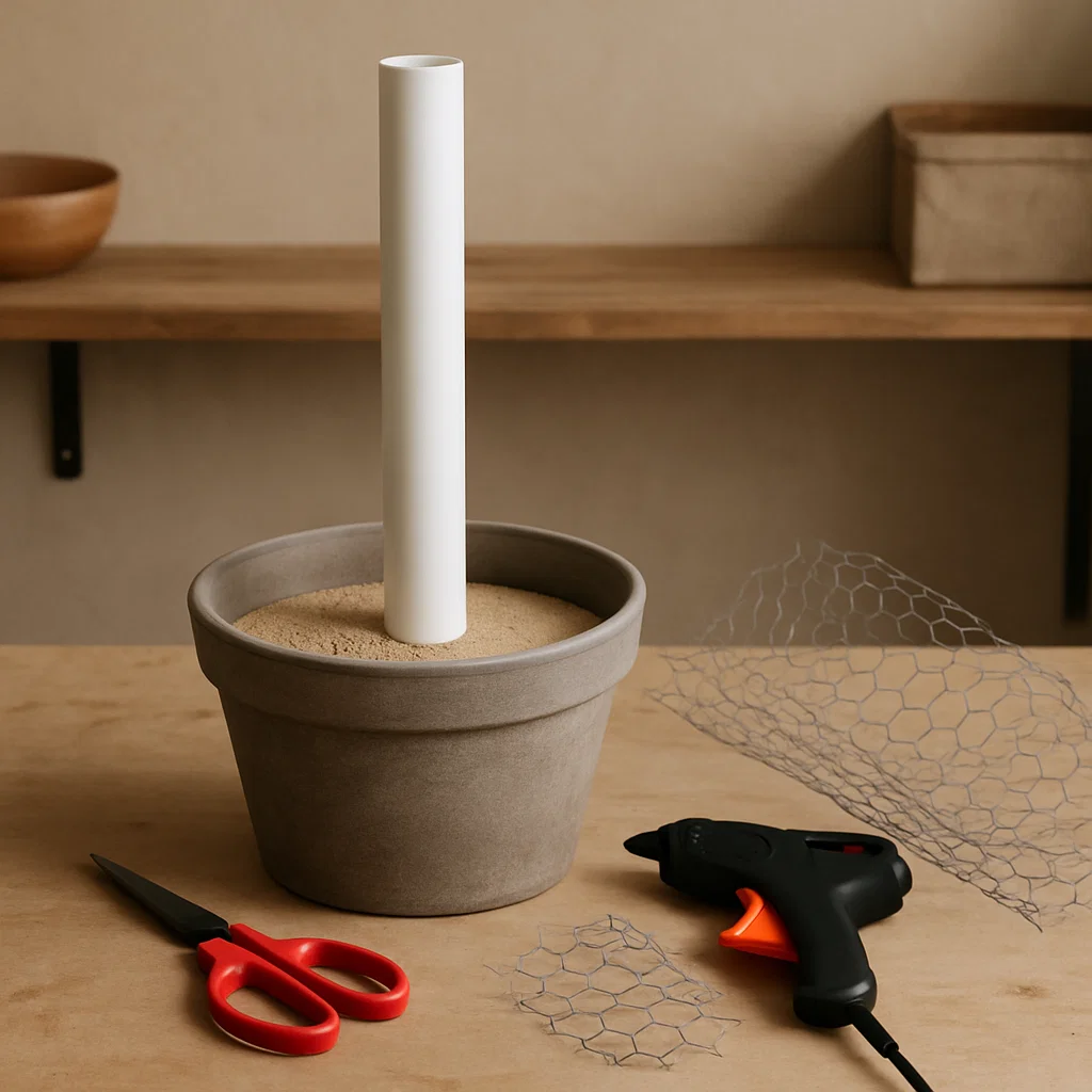 PVC pipe base in planter with tools around.