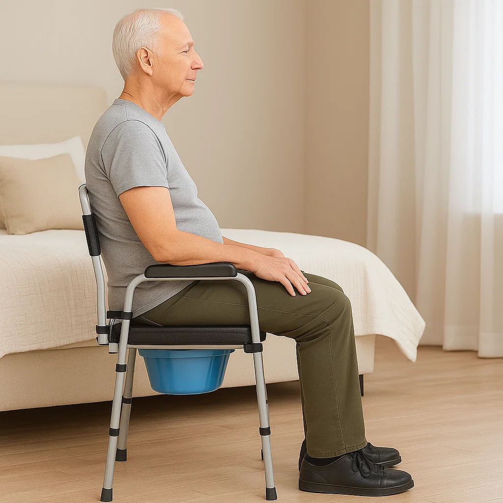 Elderly man sitting upright on commode chair comfortably.