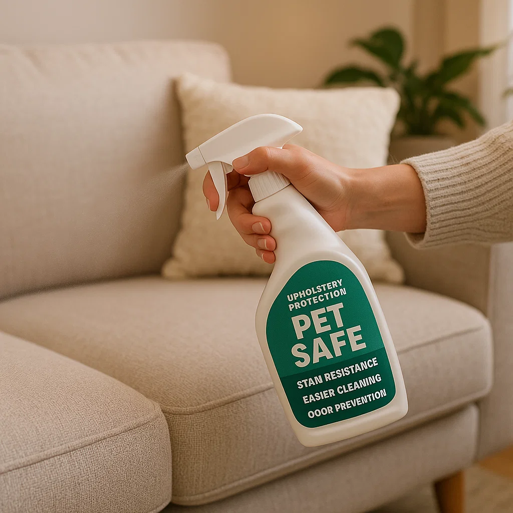 Hand spraying pet safe upholstery protection on beige sofa.