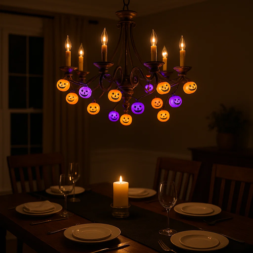 Chandelier decorated with glowing orange and purple pumpkin lights.