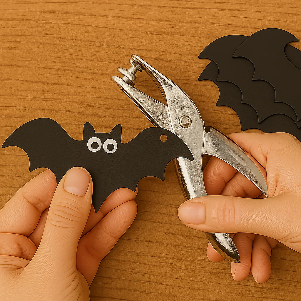Hand punching hole in paper bat decoration.