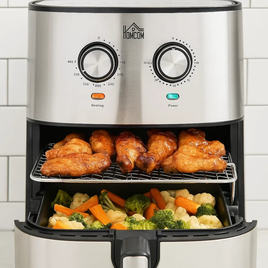Air fryer with racks cooking chicken wings on top and mixed vegetables on the bottom tray.
