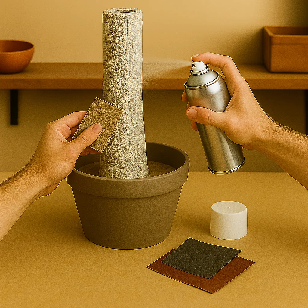 Hand spraying sealant on trunk with sandpaper nearby.