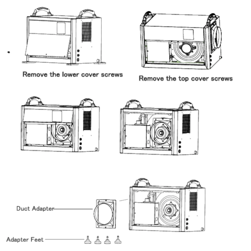 Dehumidifier covers removed to access duct adapter and feet
