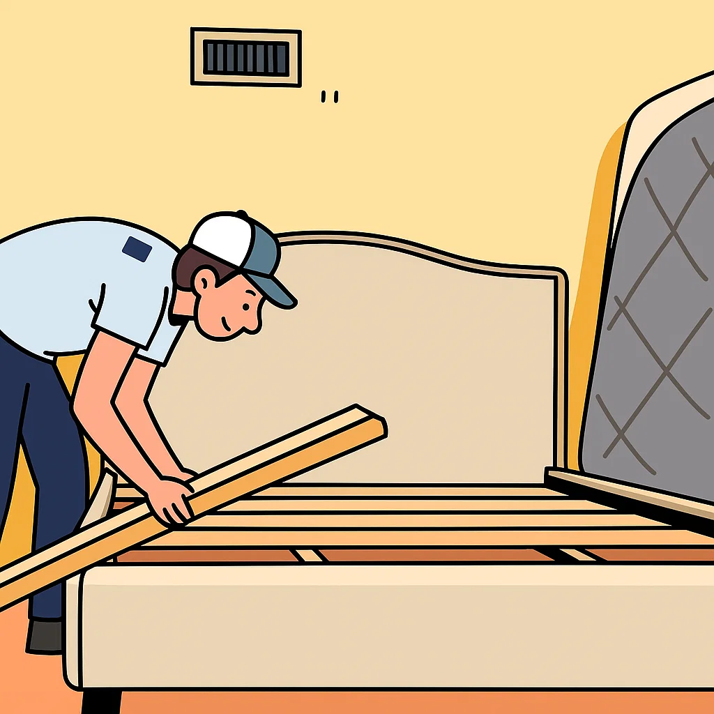 Person removing wooden rails from bed frame.