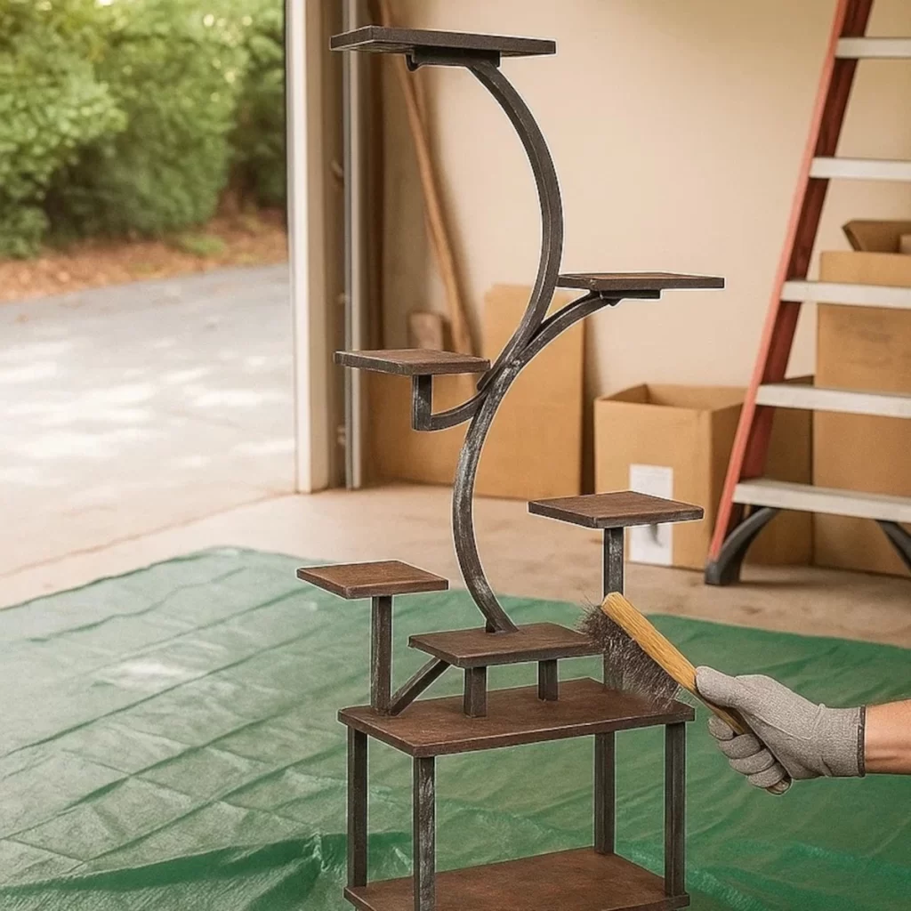Hand brushing dust and rust from metal plant stand.