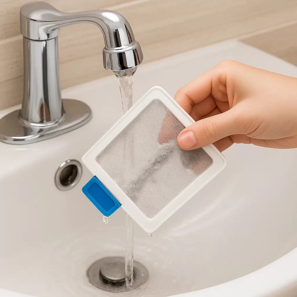 Hand rinsing washing machine lint filter under running faucet