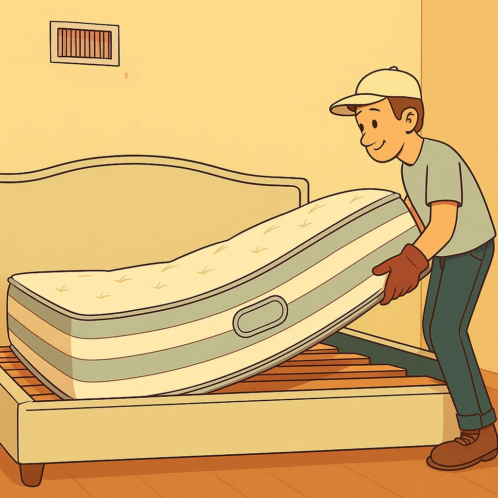 Person lifting mattress onto wooden bed frame slats.