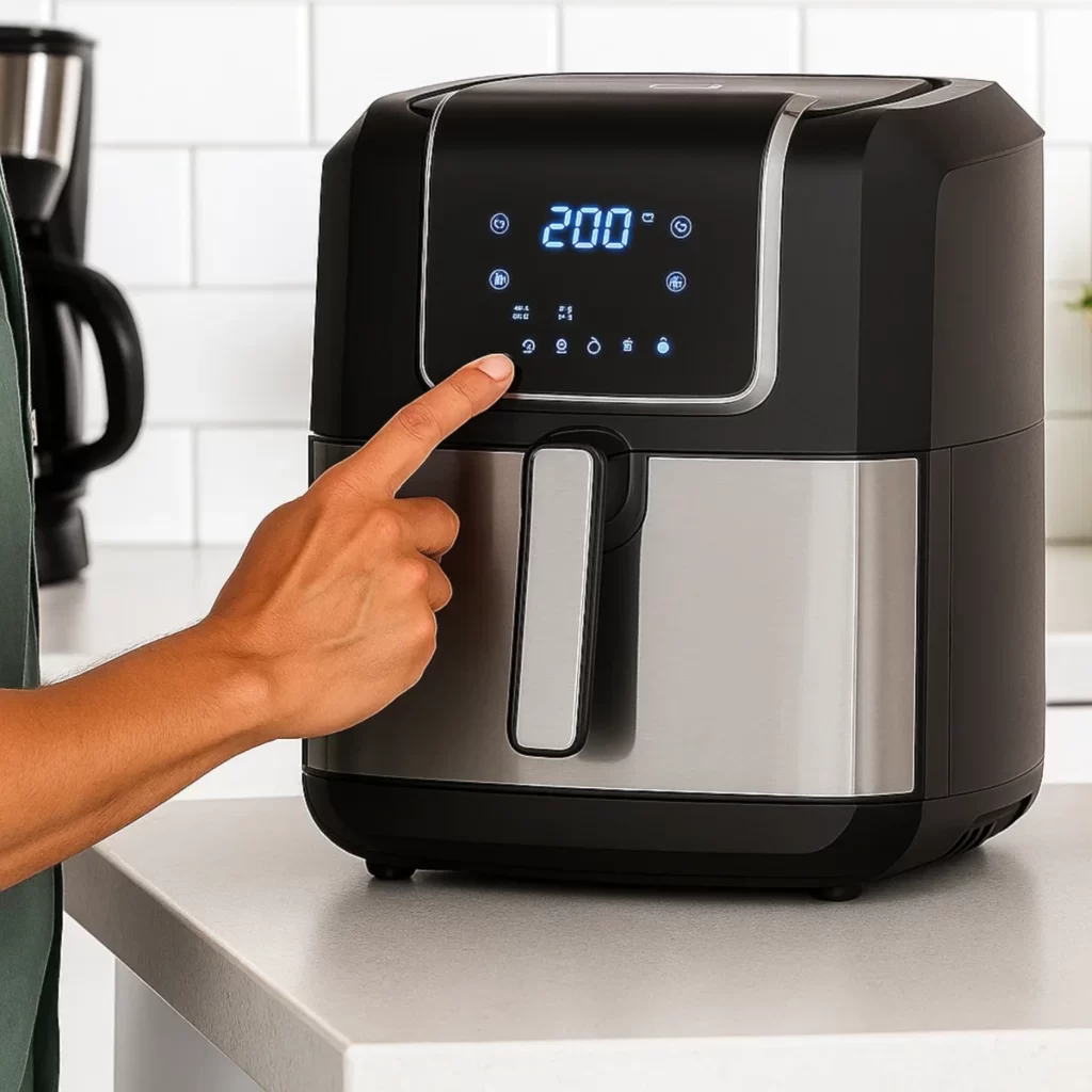 Hand pressing digital control panel button on air fryer