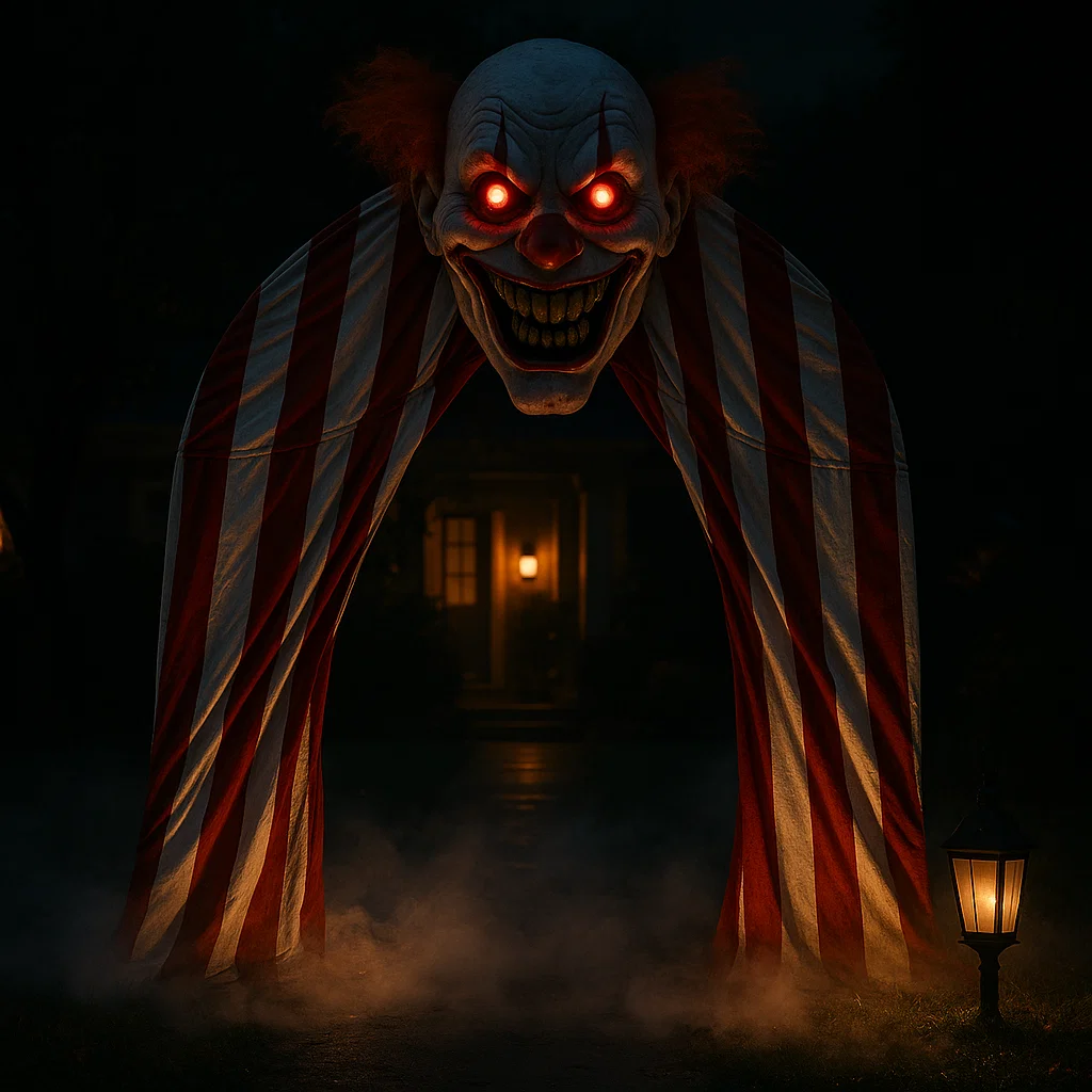 Giant clown face arch with glowing eyes and striped curtains.