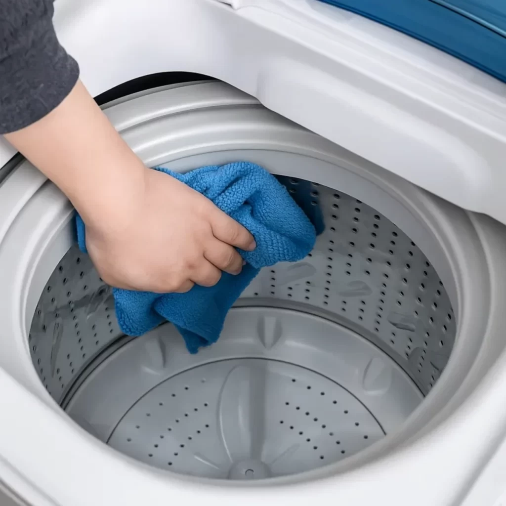 Scrubbing washing machine drum and seals with cloth