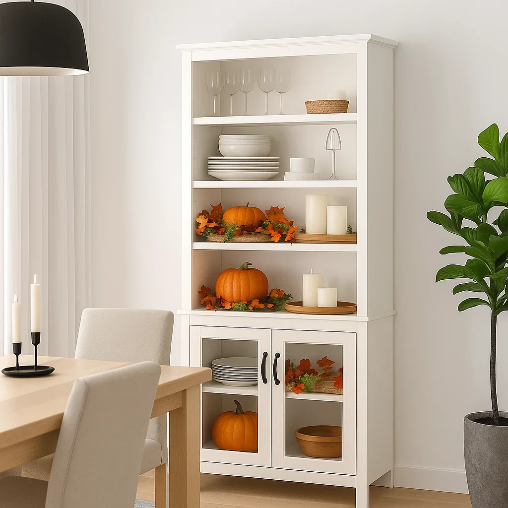 Fall-themed hutch cabinet decorated with pumpkins, candles, and autumn leaves in a dining space.

