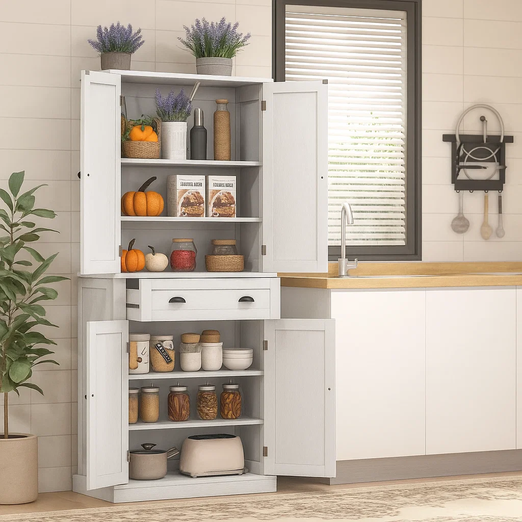 White cabinet styled with pumpkins and lavender plants for décor