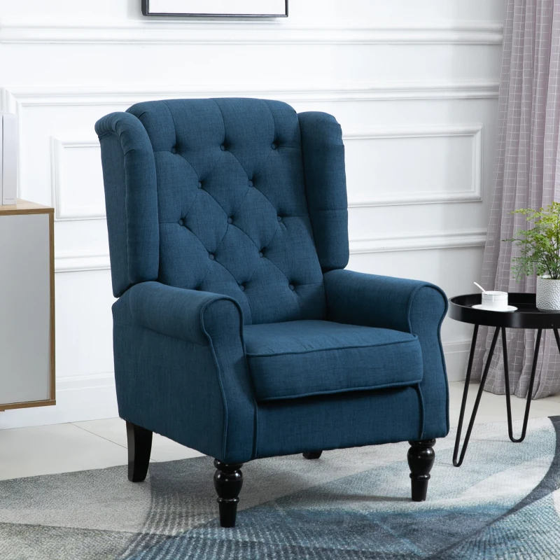 Navy blue accent chair with high back in bright living space.