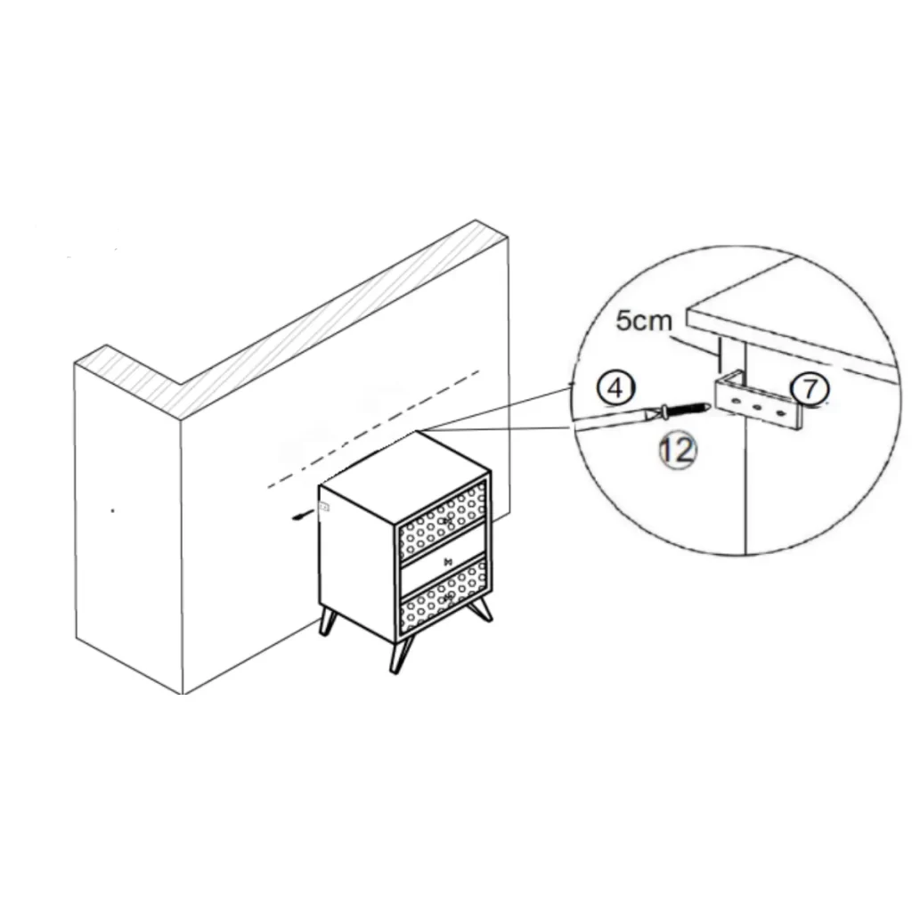 Metal brackets and screws securing wooden bedside table safely to wall.