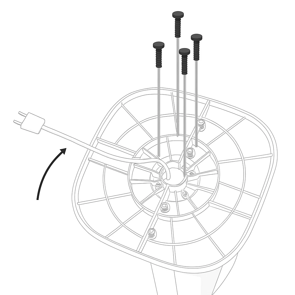 Screws securing tower fan body to assembled square base