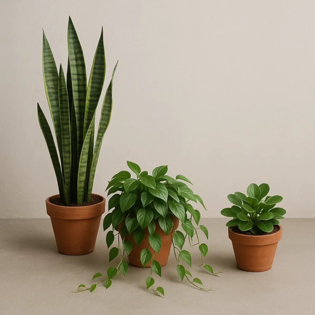 Three terracotta pots with snake plant, trailing vine, and leafy plant.