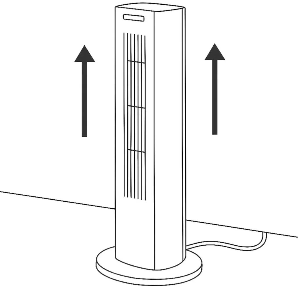 Tower fan placed upright on base, ready for operation