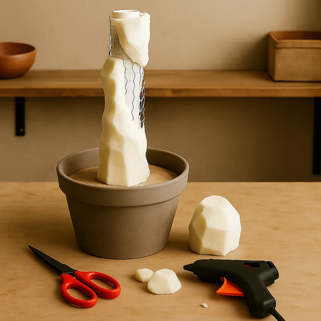 Foam pieces attached to wire mesh trunk with glue.