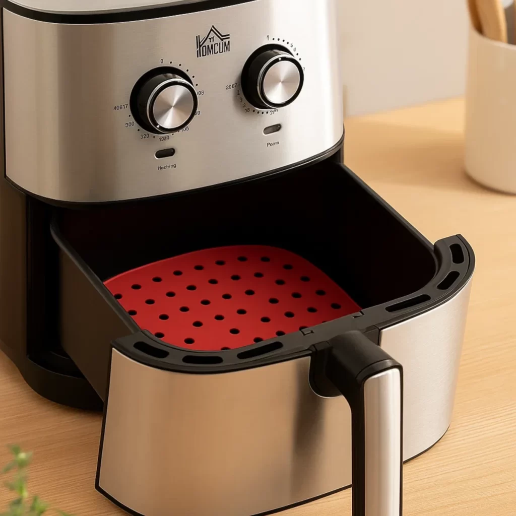 Air fryer basket fitted with a red silicone liner to simplify cleanup and protect the tray.